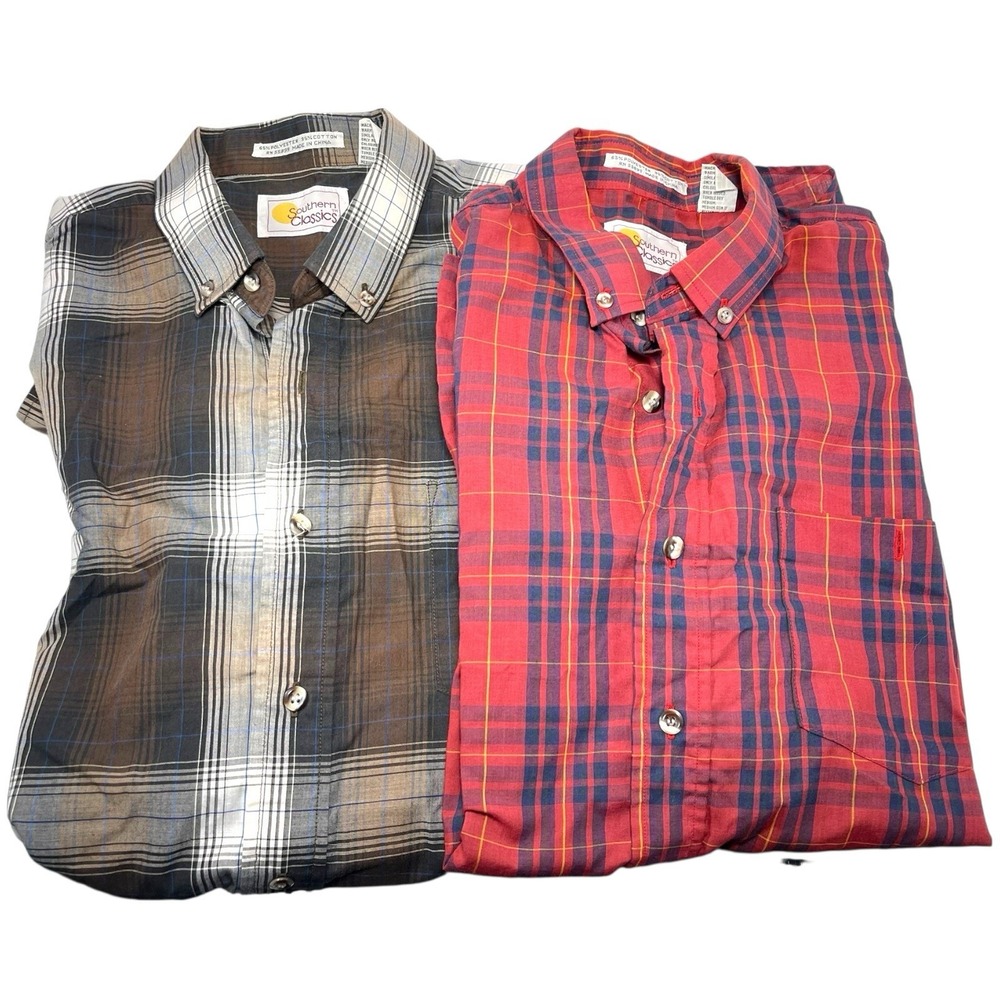 2 Pack‎ Southern Classics Large Brown/Red Plaid Button Shirts Workwear Americana